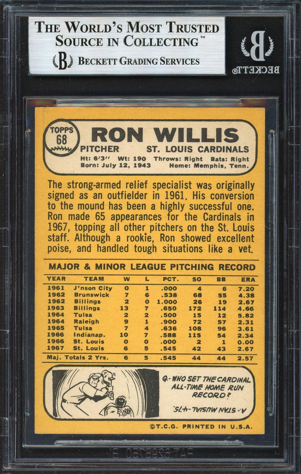 Ron Willis Autographed 1968 Topps Card #68 St. Louis Cardinals Beckett BAS #12232681